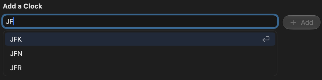 Actual Add a Clock field showing JF entered and JFK, JFN, and JFR autocomplete suggestions